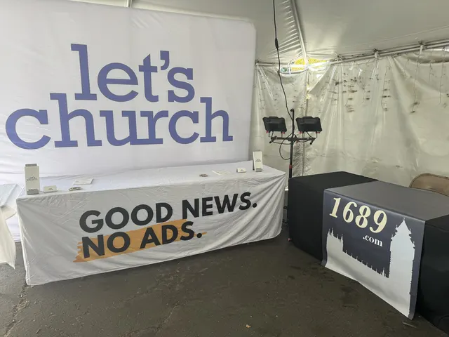 A “let’s church” banner at the venue