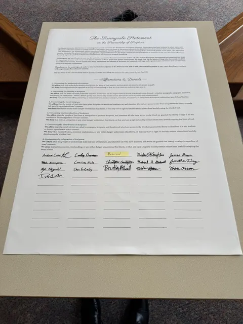 A printed copy of the Sunnyvale Statement on display